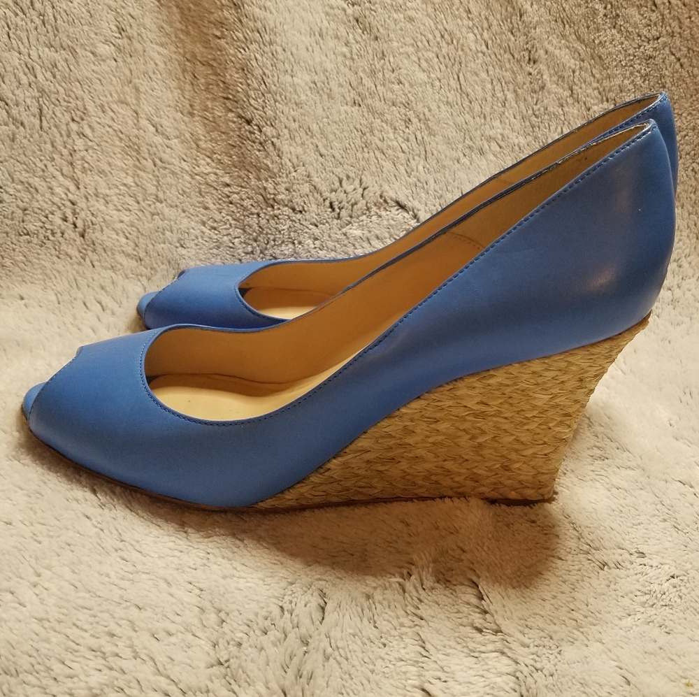 LK Bennett Blue Leather Peep-Toe Wedge Espadrilles - Picture 6 of 8